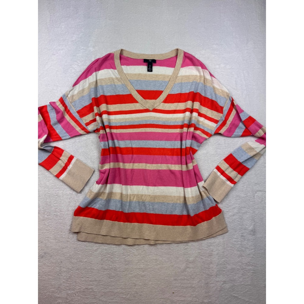 Gap Womens V-Neck Sweater XL Pink Red Striped 100% Cotton Knit Pullover
